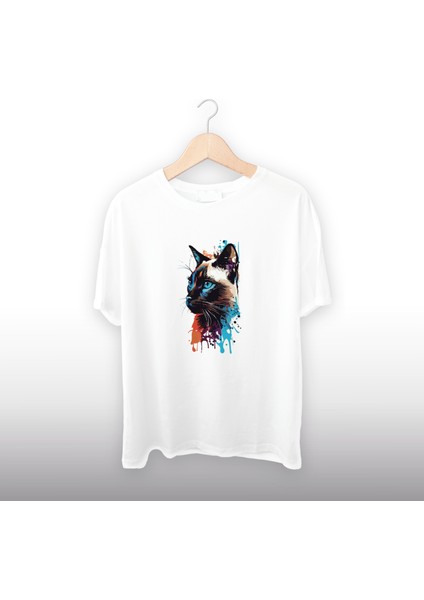 Renkli Kedi Detaylı Unisex Tişört
