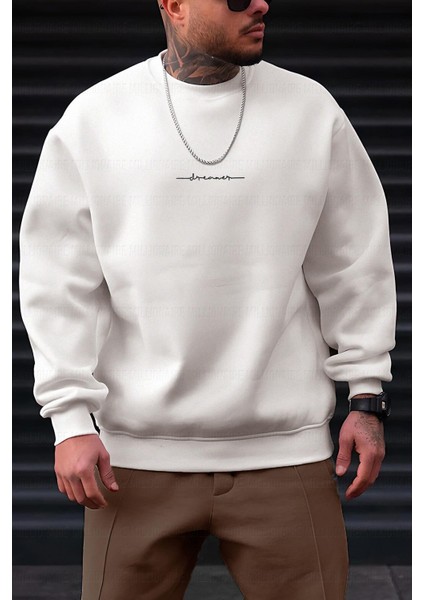 Erkek Kırık Beyaz Krem Ekru Dreamer Baskılı 0 Sıfır Yaka Oversize Salaş Bol Kesim Polar Sweatshirt