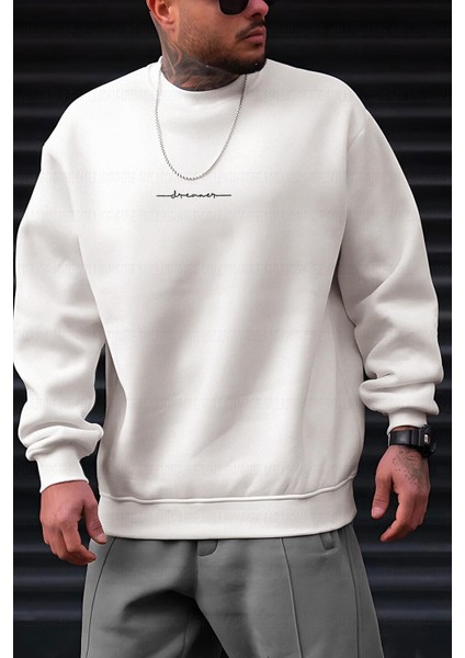 Erkek Kırık Beyaz Krem Ekru Dreamer Baskılı 0 Sıfır Yaka Oversize Salaş Bol Kesim Polar Sweatshirt modelleri