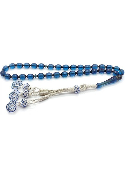 1000 Ayar Kazaz Püsküllü Arpa Kesim Mavi Sıkma Kehribar Tesbih