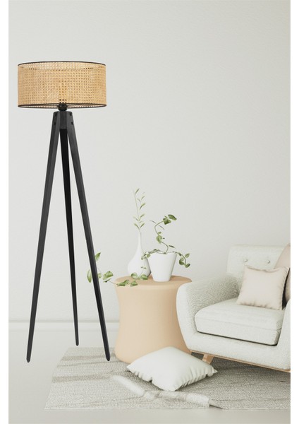 Tripod Siyah Silindir Rattan Abajurlu Lambader