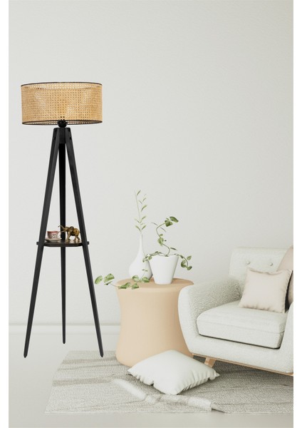 Sehpalı Tripod Siyah Silindir Rattan Abajurlu Lambader
