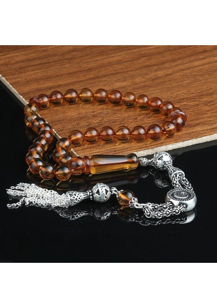 Gümüş Püsküllü Çay Rengi Orjinal Damla Kehribar Tesbih