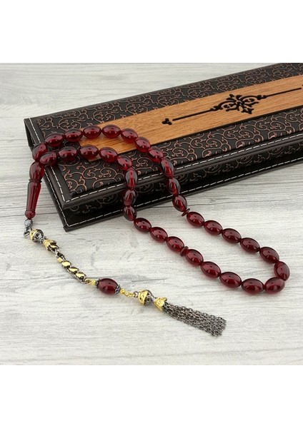 Gümüş Pullu Püsküllü Arpa Kesim Ateş Kehribar Tesbih