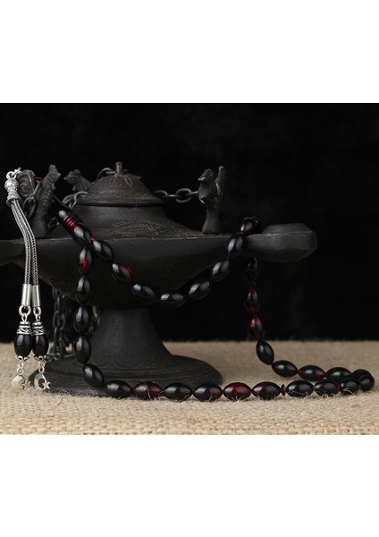 Gümüş Ayyıldız Püsküllü Kırmızı Siyah Sıkma Kehribar Tesbih