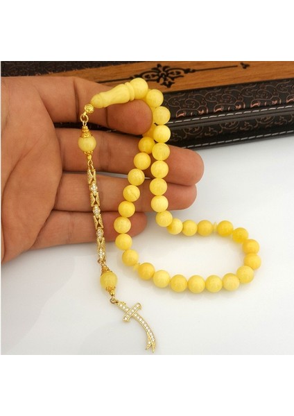 Zirkon Taş Işlemeli Gümüş Püsküllü Orjinal Damla Kehribar Tesbih