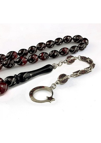 Zirkon Taş Püsküllü Gümüş Işlemeli Ay Yıldız Model Ateş Kehribar Tesbih