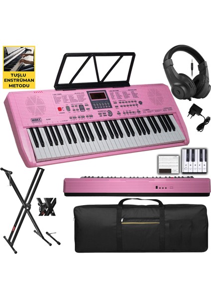 PS-1800PK-SET 61 Tuşlu Kaliteli Pembe Org Dijital Ekran stand Kulaklık Çanta Notalık Adaptör Sticker metod