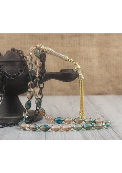 Zirkon Taşlı Gümüş Püsküllü Karışık Renk Sıkma Kehribar Tesbih