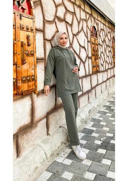 Kapşonlu O Yaka Sade Basic Ikili Eşofman Spor Takımı - 3039 - Haki