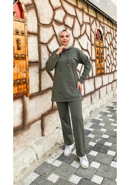 Kapşonlu O Yaka Sade Basic Ikili Eşofman Spor Takımı - 3039 - Haki