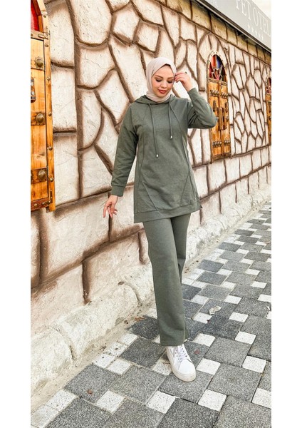 Kapşonlu O Yaka Sade Basic Ikili Eşofman Spor Takımı - 3039 - Haki