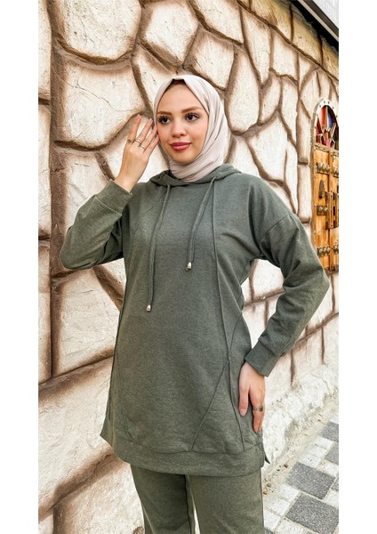 Kapşonlu O Yaka Sade Basic Ikili Eşofman Spor Takımı - 3039 - Haki