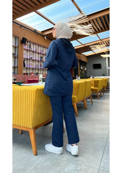 Kapşonlu O Yaka Sade Basic Ikili Eşofman Spor Takımı - 3039 - Lacivert