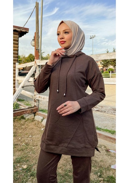 Kapşonlu O Yaka Sade Basic Ikili Eşofman Spor Takımı - 3039 - Kahverengi indirimleri