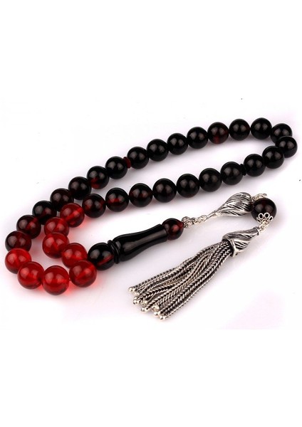 Kırmızı Siyah Renk Gümüş Püsküllü Ateş Kehribar Tesbih modelleri