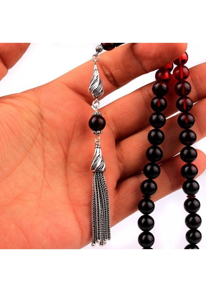 Kırmızı Siyah Renk Gümüş Püsküllü Ateş Kehribar Tesbih indirimleri