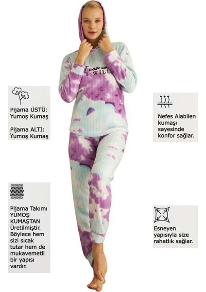 Kadın Batik Desen Kapüşonlu Fitilli Polar Bilek Manşetli Kışlık Jogger Pijama Takımı