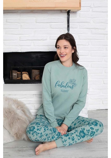 Kadın Bisiklet Yaka Bilek Manşet/lastikli 2 Iplik Cepli Joger Pijama Takımı Homewear