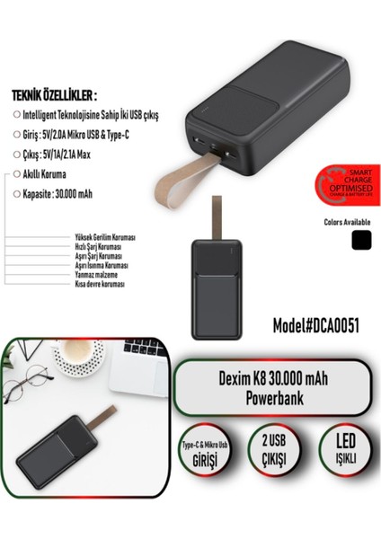 K8 30.000 Mah LED Işıklı Powerbank Siyah