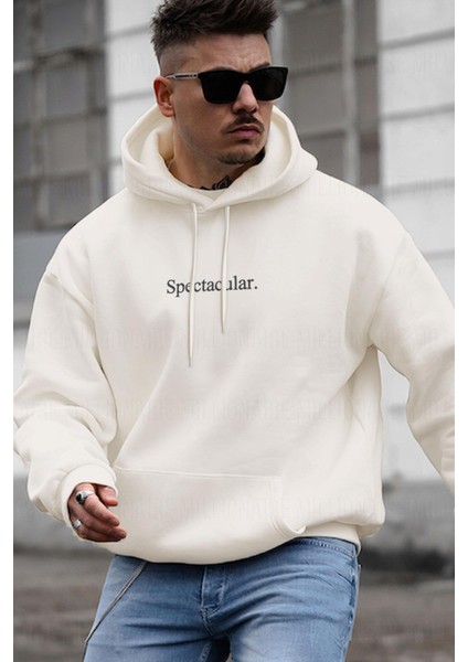 Erkek Kırık Beyaz Krem Ekru Spectacular Baskılı 3 Iplik Şardonlu Kapüşonlu Kanguru Cepli Oversize Salaş Hoodie Sweatshirt