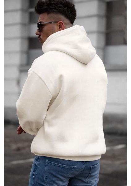 Erkek Kırık Beyaz Krem Ekru Spectacular Baskılı 3 Iplik Şardonlu Kapüşonlu Kanguru Cepli Oversize Salaş Hoodie Sweatshirt fırsatları