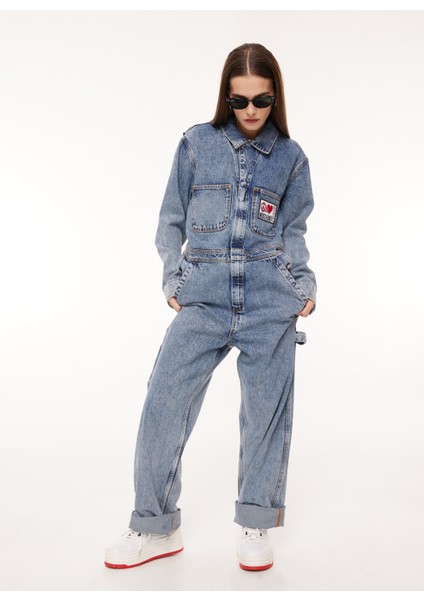 Jeans Düz Mavi Kadın Tulum A0404