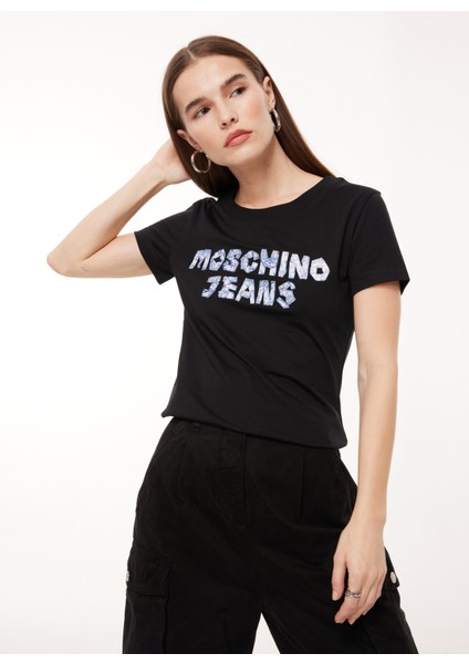 Bisiklet Yaka Baskılı Siyah Kadın T-Shirt A0701