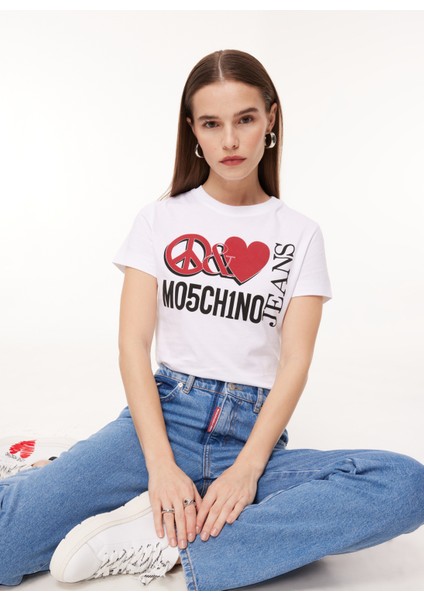 Bisiklet Yaka Baskılı Beyaz Kadın T-Shirt J0713