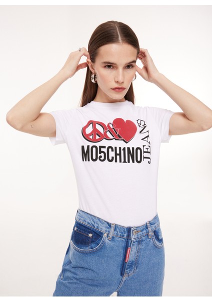 Bisiklet Yaka Baskılı Beyaz Kadın T-Shirt J0713