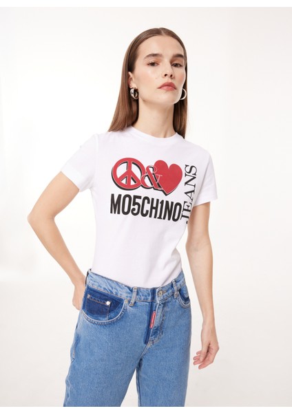 Bisiklet Yaka Baskılı Beyaz Kadın T-Shirt J0713
