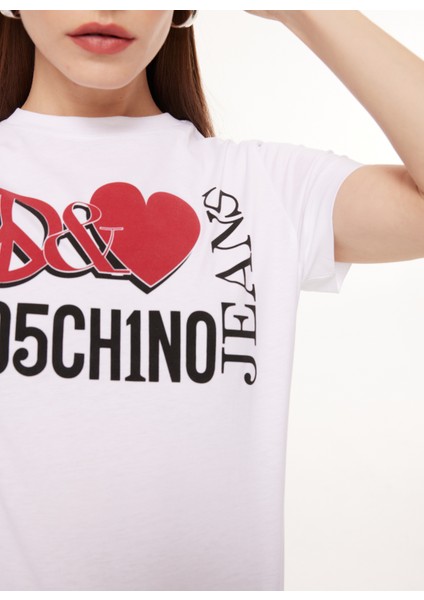 Bisiklet Yaka Baskılı Beyaz Kadın T-Shirt J0713