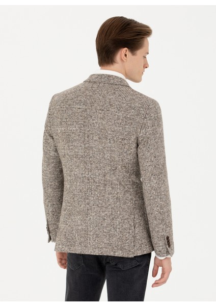 Slim Fit Bej Erkek Ekose Ceket Arısa