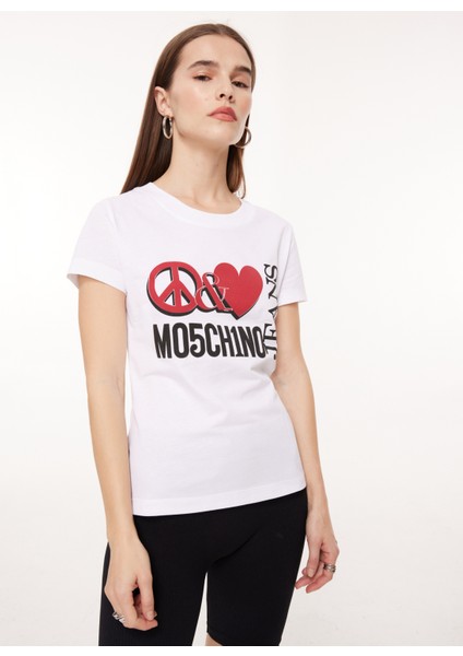 Bisiklet Yaka Baskılı Beyaz Kadın T-Shirt A0707