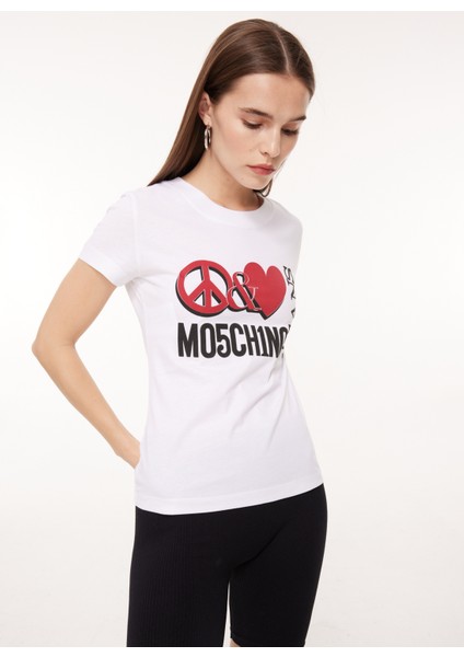 Bisiklet Yaka Baskılı Beyaz Kadın T-Shirt A0707