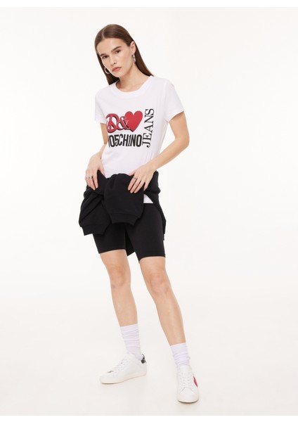 Bisiklet Yaka Baskılı Beyaz Kadın T-Shirt A0707