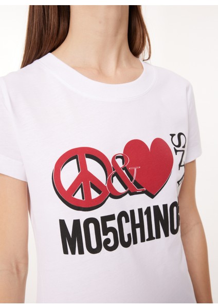Bisiklet Yaka Baskılı Beyaz Kadın T-Shirt A0707