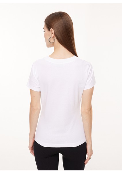Bisiklet Yaka Baskılı Beyaz Kadın T-Shirt A0707