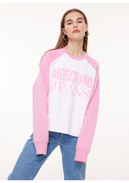 Jeans Bisiklet Yaka Baskılı Pembe Kadın Sweatshırt J1702