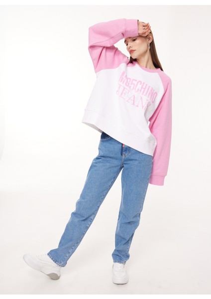 Jeans Bisiklet Yaka Baskılı Pembe Kadın Sweatshırt J1702