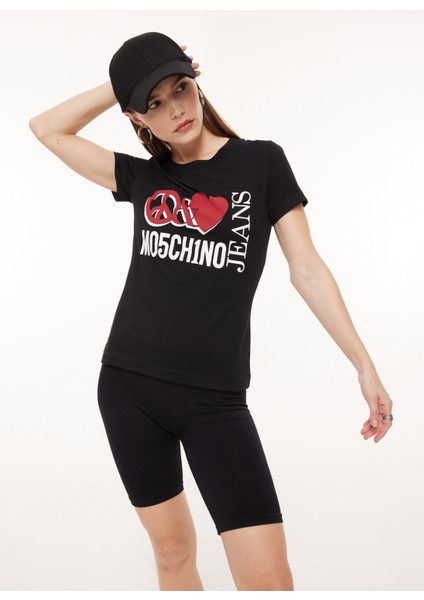 Bisiklet Yaka Baskılı Siyah Kadın T-Shirt A0707