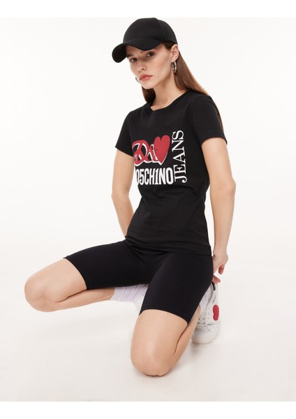 Bisiklet Yaka Baskılı Siyah Kadın T-Shirt A0707