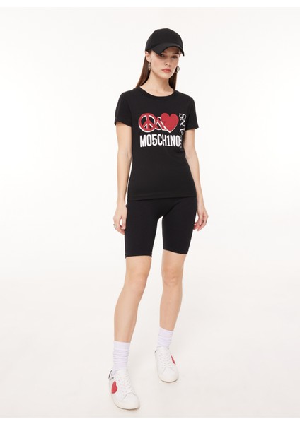 Bisiklet Yaka Baskılı Siyah Kadın T-Shirt A0707