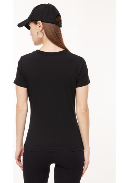 Bisiklet Yaka Baskılı Siyah Kadın T-Shirt A0707