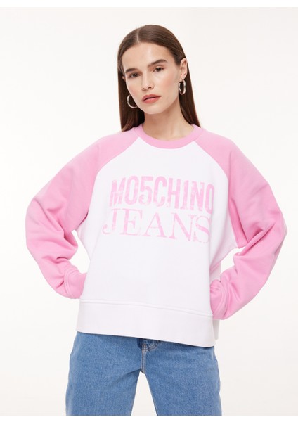 Jeans Bisiklet Yaka Baskılı Pembe Kadın Sweatshırt J1702