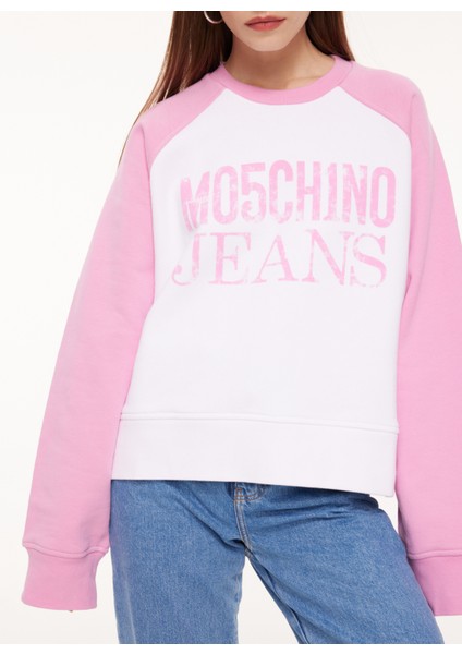 Jeans Bisiklet Yaka Baskılı Pembe Kadın Sweatshırt J1702
