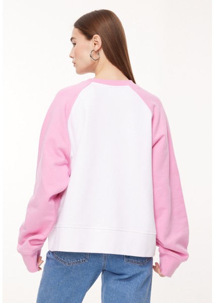Jeans Bisiklet Yaka Baskılı Pembe Kadın Sweatshırt J1702