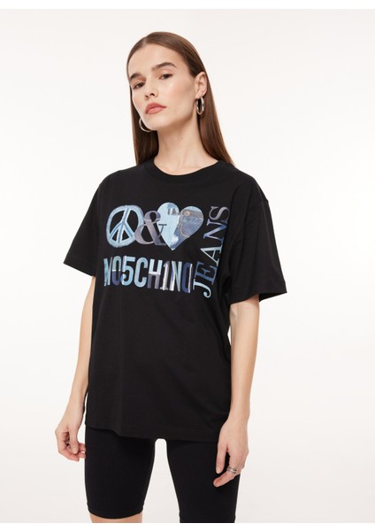 Bisiklet Yaka Baskılı Siyah Kadın T-Shirt A0704