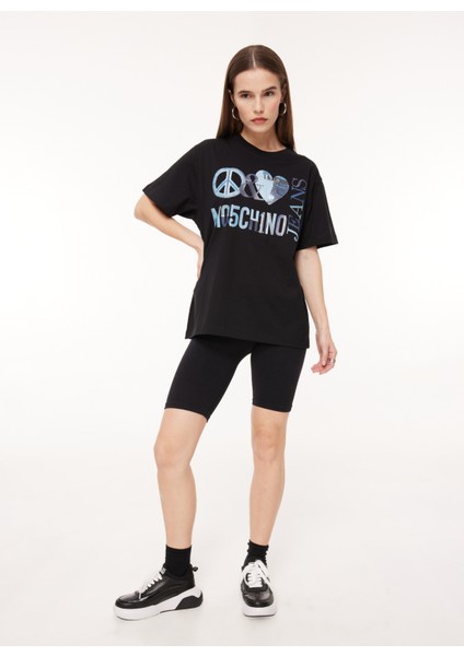 Bisiklet Yaka Baskılı Siyah Kadın T-Shirt A0704
