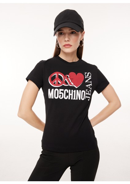 Bisiklet Yaka Baskılı Siyah Kadın T-Shirt J0713 fırsatları